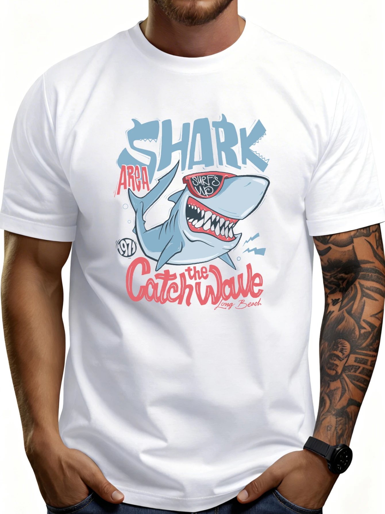 Casual Summer Style Men's T-Shirt, Featuring a Shark Chasing Waves Design, Perfect for Surfing Enthusiasts and Ocean Lovers, Is the Perfect Gift for Him.