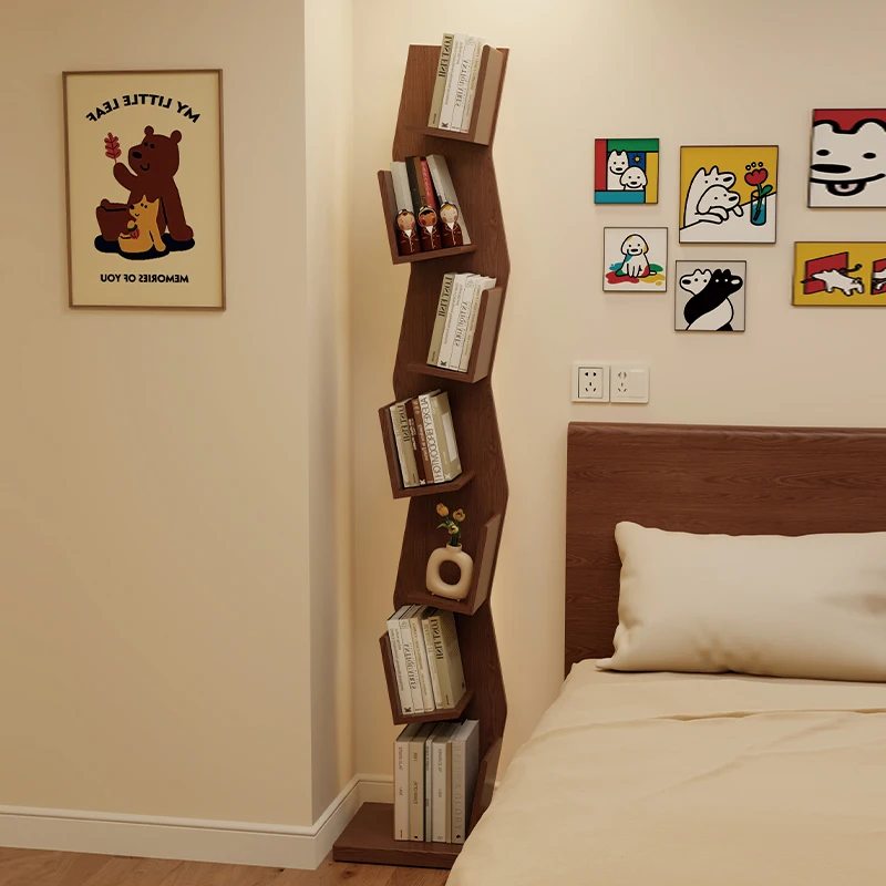 Solid wood bookshelf floor to wall tree-shaped storage rack corner shelf household multi-layer