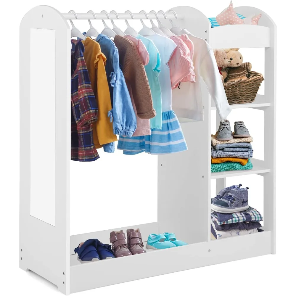 

Kids Dress up Storage with Mirror, Clothes Rack, 3-Tier Shelves, Bottom Tray, Pretend Play Costume Dresser Organizer Center