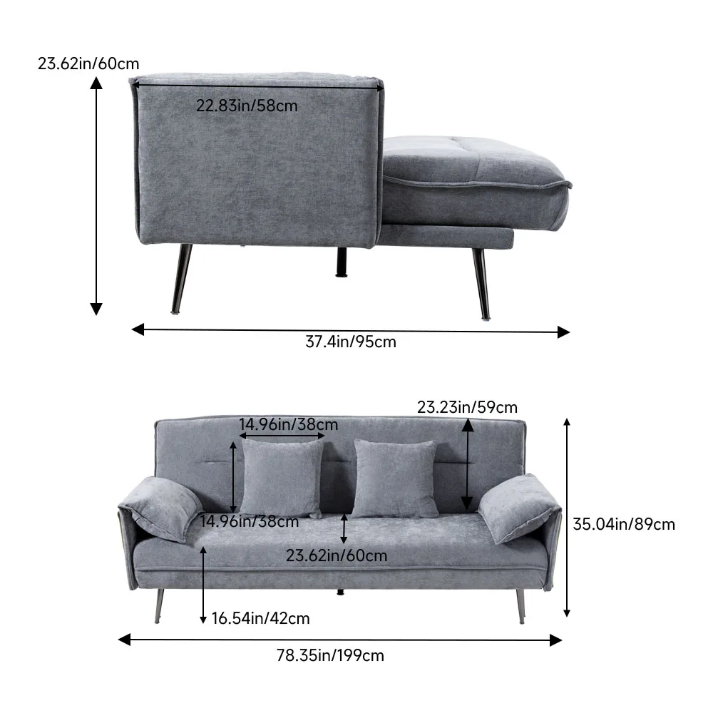 سرير أريكة عصري قابل للتحويل من Haodirect ، 3 مقاعد ، عصري بوسادتين ، أرجل معدنية سوداء ، غرفة معيشة وغرفة نوم #6