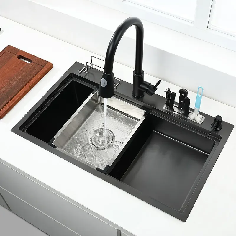 High and low sink Black kitchen sink With knife holder vegetable washing basin With cutting board stainless steel pia black sink