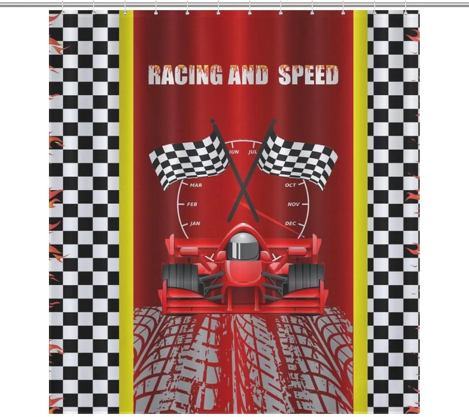 Racing Car Shower Curtain, Red F1 Race Checkered Flag Flame Print Waterproof Bathroom Curtain, Boys Speed Theme Bath Decor