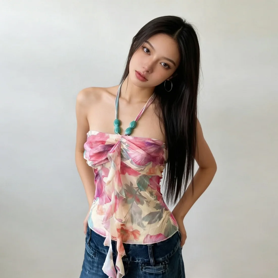 

2026 Spring and Summer New Women's Clothing Slim-fitting Neck Backless Tube Top Print T-shirt