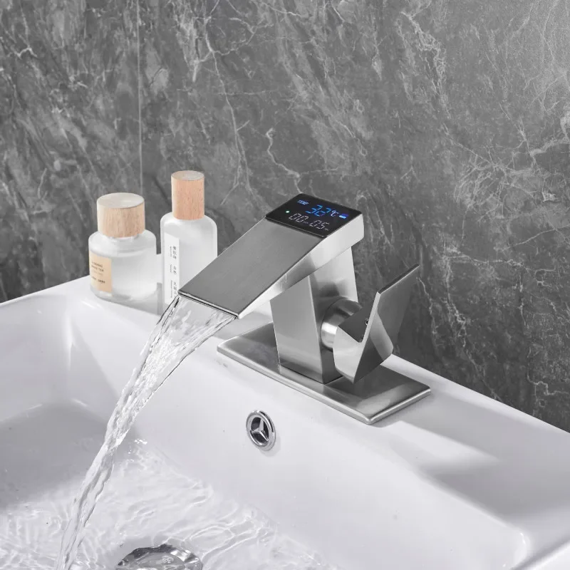 

Digital Display Bathroom Faucet Black Basin Faucets Hot Cold Sink Water Mixer Crane Deck Mounted Waterfall Tap