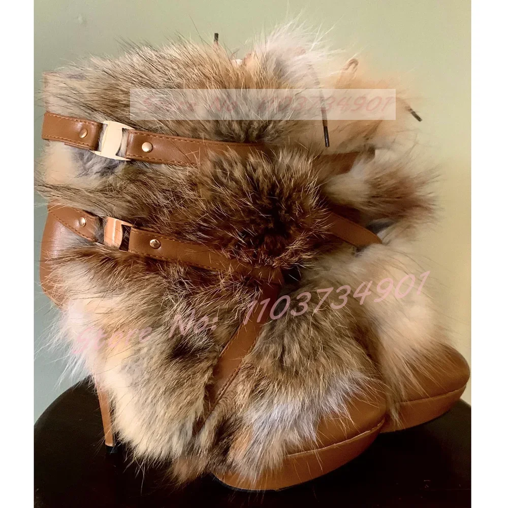 Real Fur Round Toe Belt Buckle Ankle Boots Women Sweet Fashion Platform Zipper High Heeled Shoes Lady Nifty Party Big Size Boots