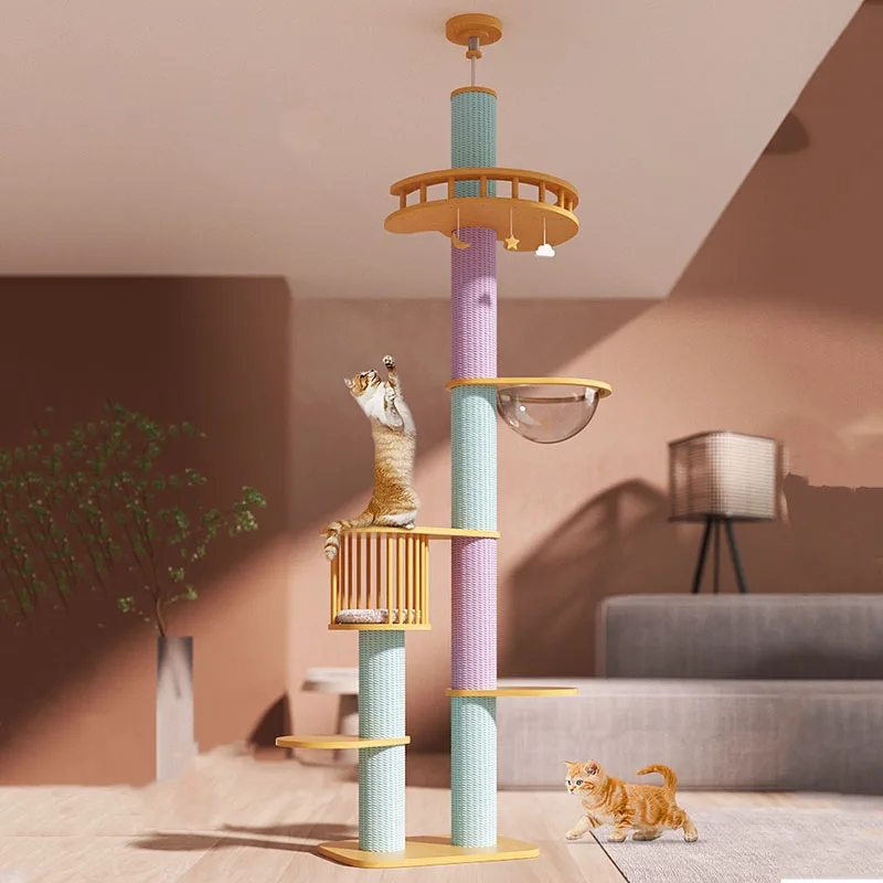 257-263cm Cat Tower Pillar Tree With Hammock Toy Bed Basket House Big Condo Ceiling Tunnel Home Ramp Outdoor Nest Swing Wooden