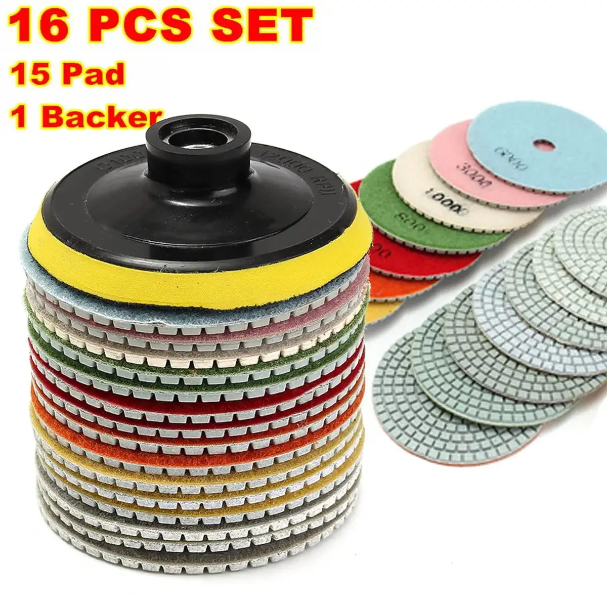 

16pcs 100mm Polishing Pads Diamond Kit 4 inch Wet/Dry Use Grinding Discs Set For Granite Concrete Stone Marble Polishing