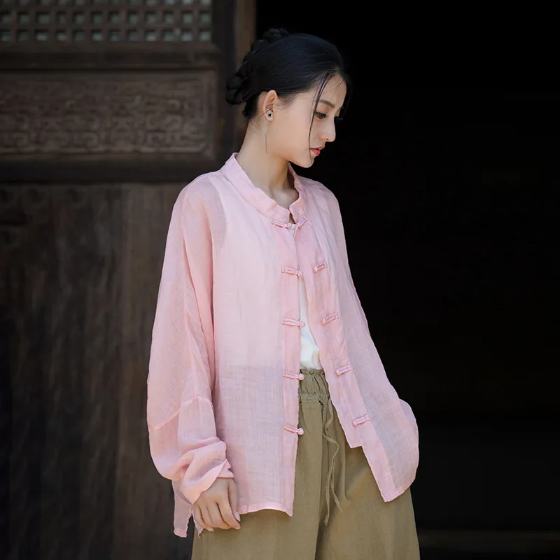 

Ramie retro shirt stand-up collar buckle loose thin top breathable long-sleeved cardigan sun protection cover fashionable casual