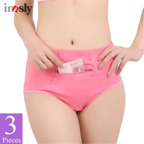 Imagen 1 del producto Bragas de algodón con bolsillo para mujer, ropa interior de talla grande con cremallera, novedosa, transpirable, de alta calidad, 3 uds./Set