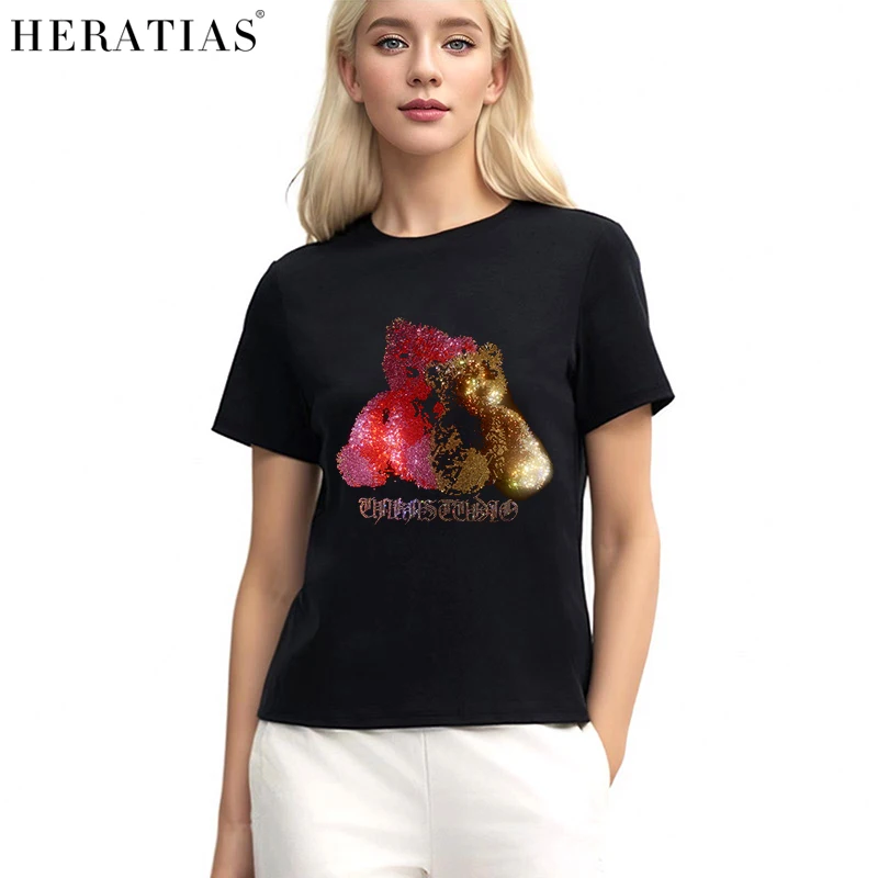 Hot sale high quality ladies summer casual cotton round neck T-shirt shiny diamond T-shirt rhinestone bear series