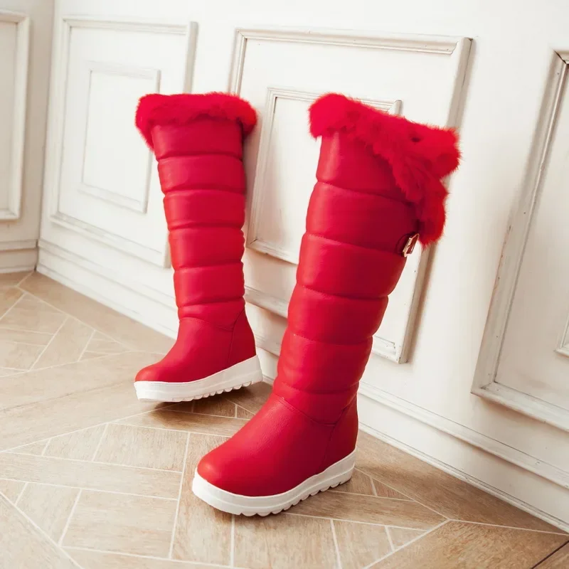 Red Winter Women Warm Fur Knee-high Snow Boots Red Black Thick Plush Round Toe Buckle Lady Height Increasing Platform Long Boots image 5