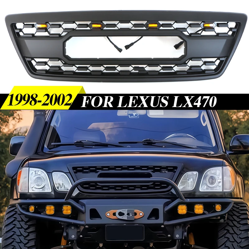 

Front Grille Fit For Lexus LX470 1998 1999 2000 2001 2002 Matte Black Grill With LED Lights