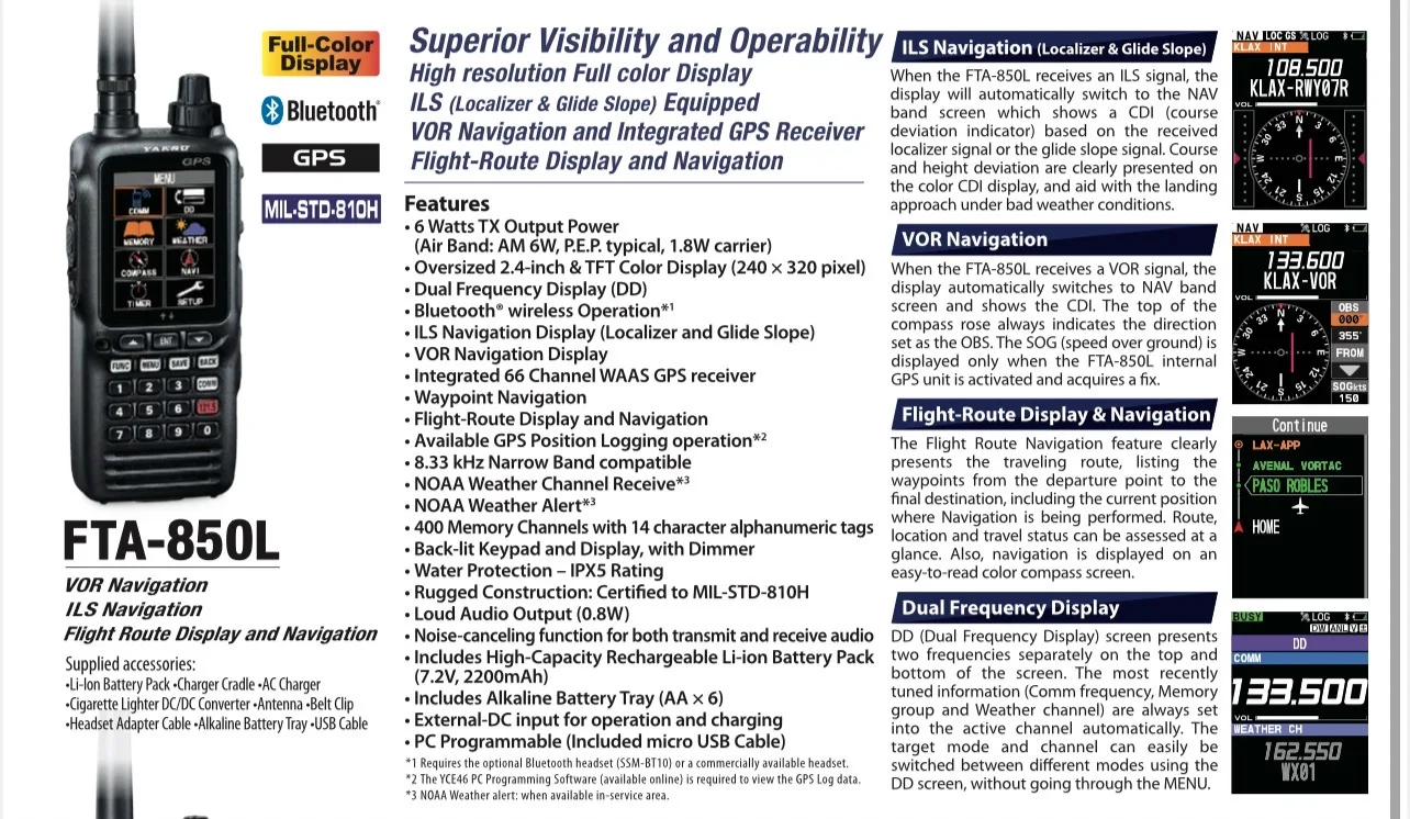 YAESU FT-850L VHF Radio Penerbangan Layar Warna 2.4 Inci Bluetooth GPS dengan Kotak Baterai 6W Radio Dua Arah Portabel Daya Tinggi