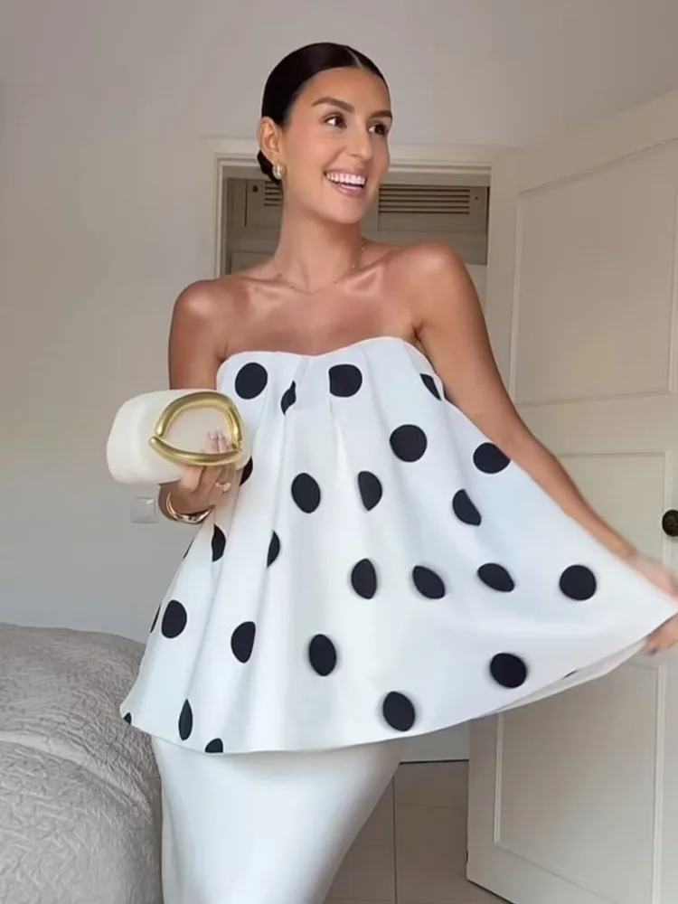 Polka dot chique senhora 2 peça conjunto verão casual outfit feminino férias streetwear sem alças colheita topos cintura alta calças de perna larga terno