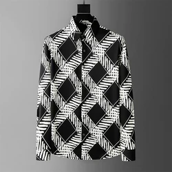 Checkered premium series men's 3D printed casual long sleeved social street party shirt plus size men's high-end classic shirt