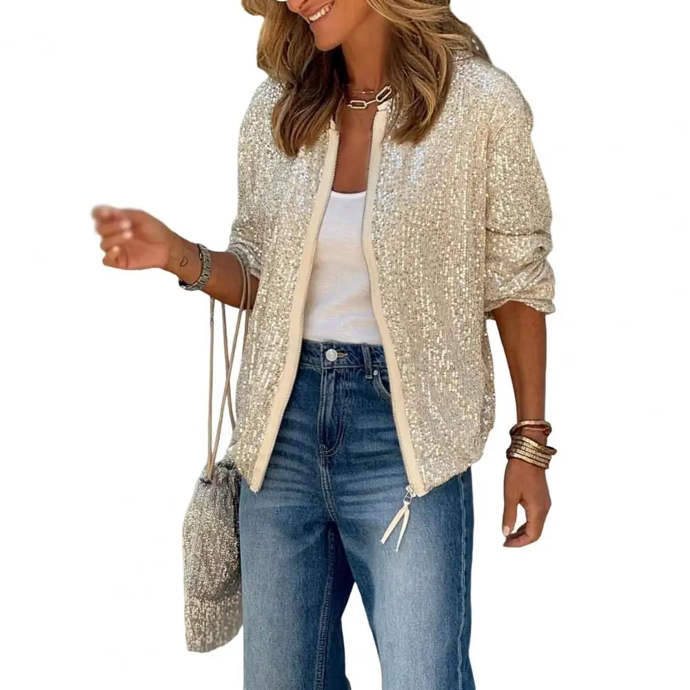 Abrigo holgado con lentejuelas para mujer, Chaqueta brillante con cremallera y manga larga, ropa de fiesta