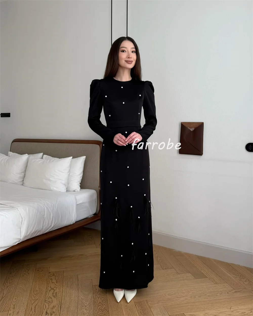 Customized Matching Exquisite Jersey Rhinestone Feather Pleat Straight Scoop Neck Midi Dresses Bespoke Occasion Dresses Formal