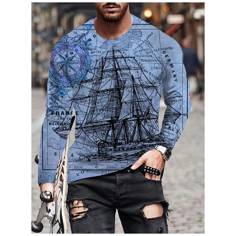 Vintage Compass Graphic T Shirts For Men Fashion Spring Autumn Long Sleeve O Neck 3D Printed T-shirt Loose Streetwear Tees Tops