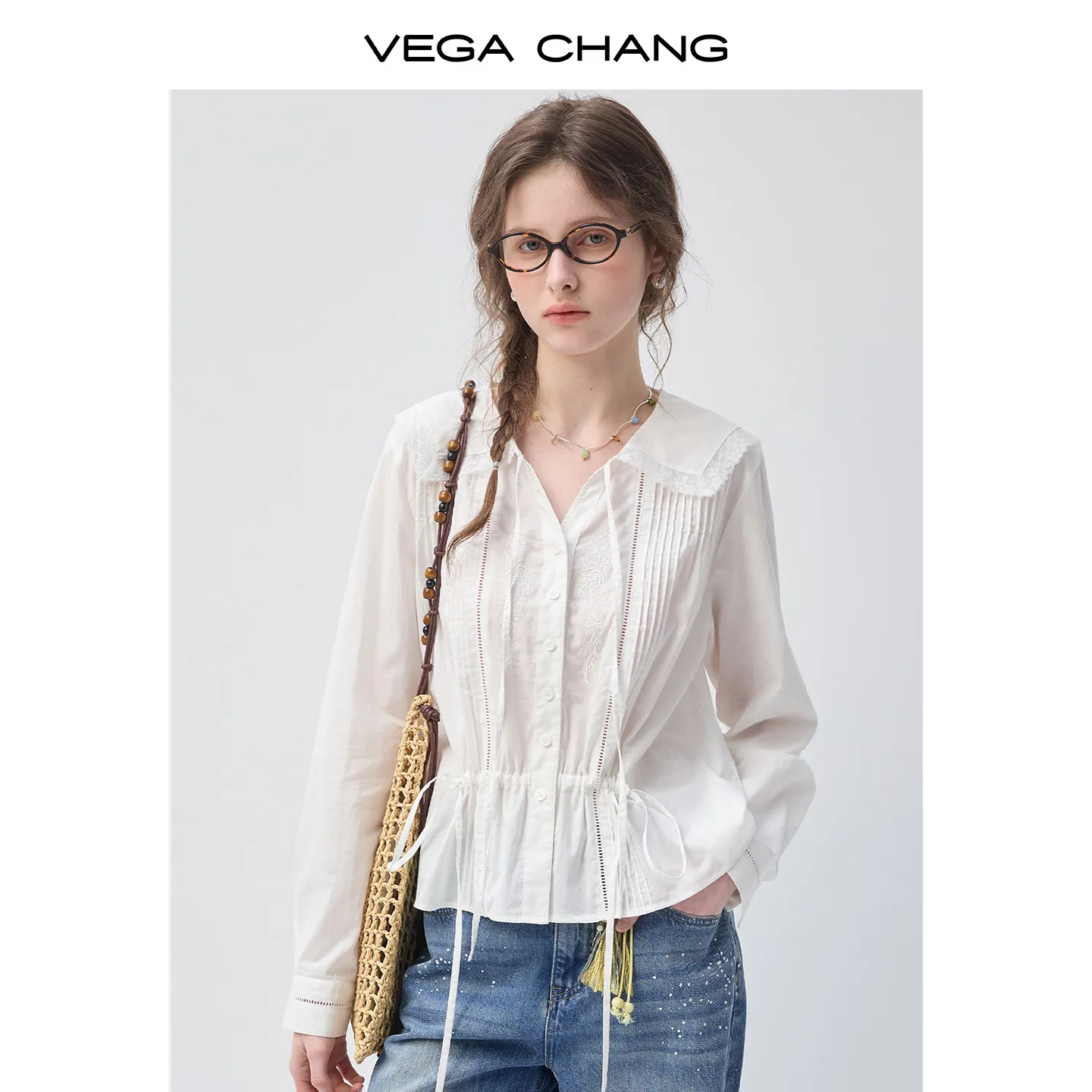 

Vega Chang New Summer Style Women's French Cotton Shirt New Embroidered Waist-Cinching Top
