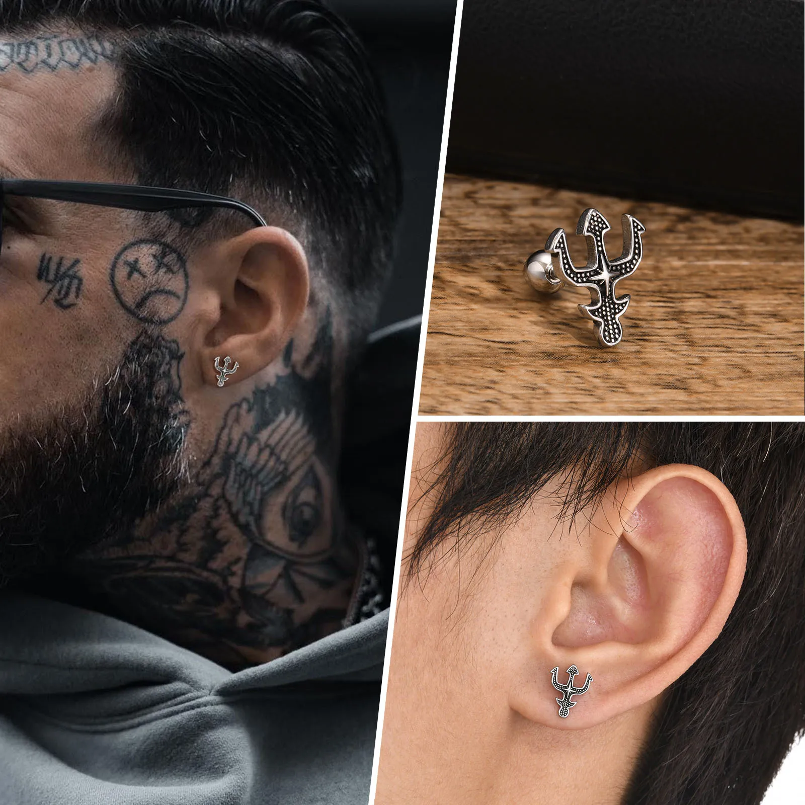 Punk Men's Trident Stud Earrings, Ancient Greek God Poseidon Neptune Earrings Stainless Steel Ear Gifts for Him Jewelry