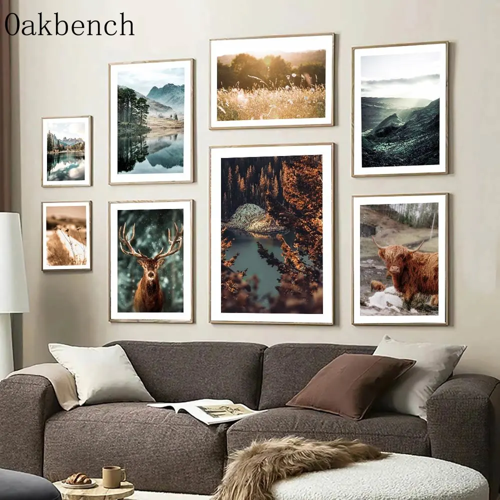 Landscape Canvas Painting Elk Mountain Art Prints Reed Lake Print Pictures Boat Bridge Wall Art Nordic Posters Living Room Decor