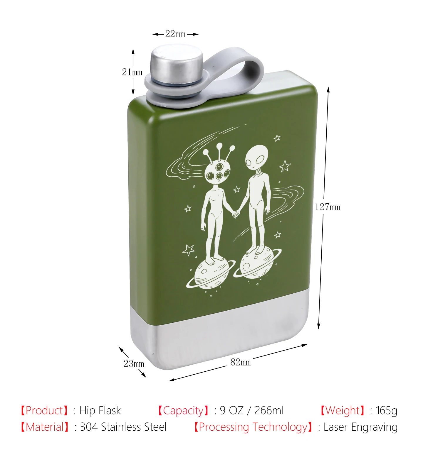 9oz 226ml 304 Edelstahl-Hüftflasche „Alien Couple“ Rechteckige Wasserflasche Schwarz & Grün Tragbare Spirituosenflasche mit kostenlosem Trichter – Detail 2