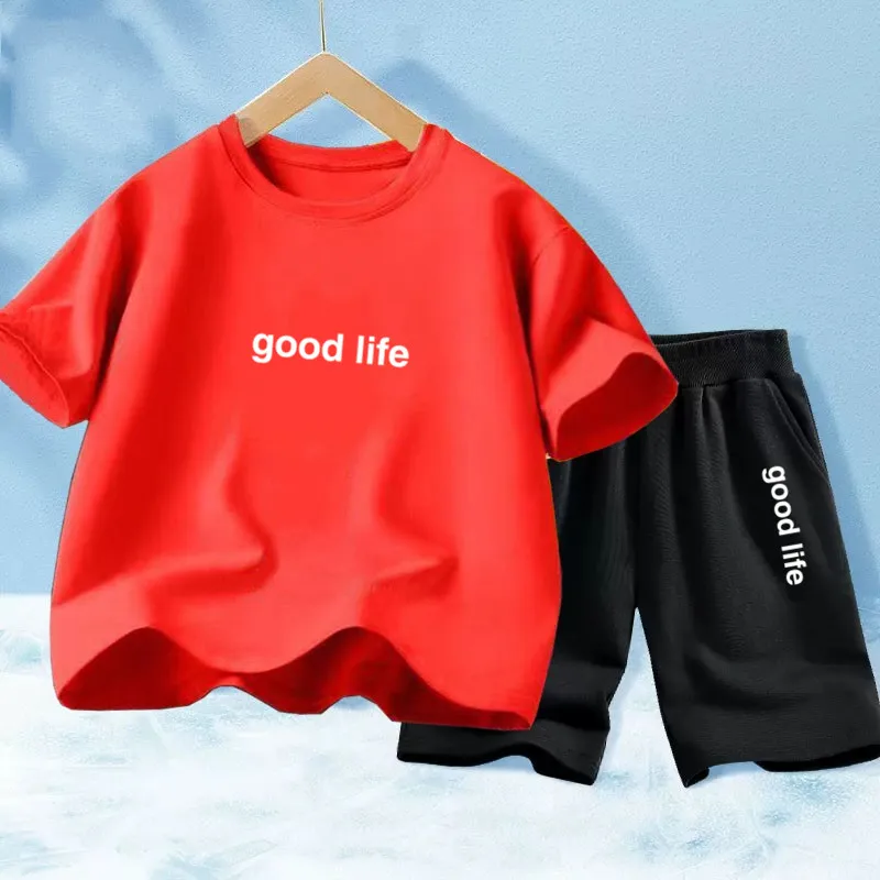 2PCS Toddler Boys Clothes Set Good Life Letter Print Short Sleeve Top+ Shorts Suit Fashion Casual Outfit for Kid 3-14 Years