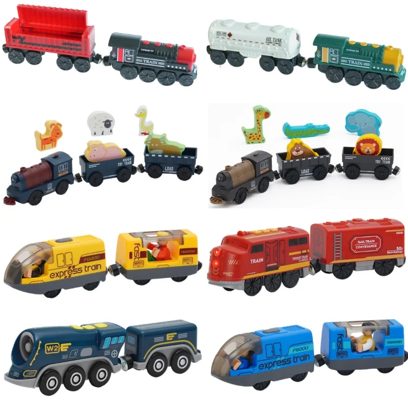 Locomotora eléctrica urbana con ranura para tren magnético, camión de bomberos, coches de policía, tren de madera, vía férrea, juguetes para niños