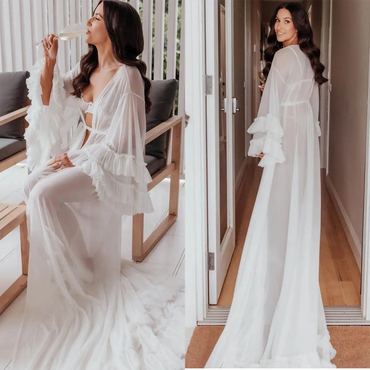 

Illusion Women Nightgown Bridal Pajamas Long Sleeve Lace up Ruffles Bridal Wedding Bathrobe for Photography Custom Made