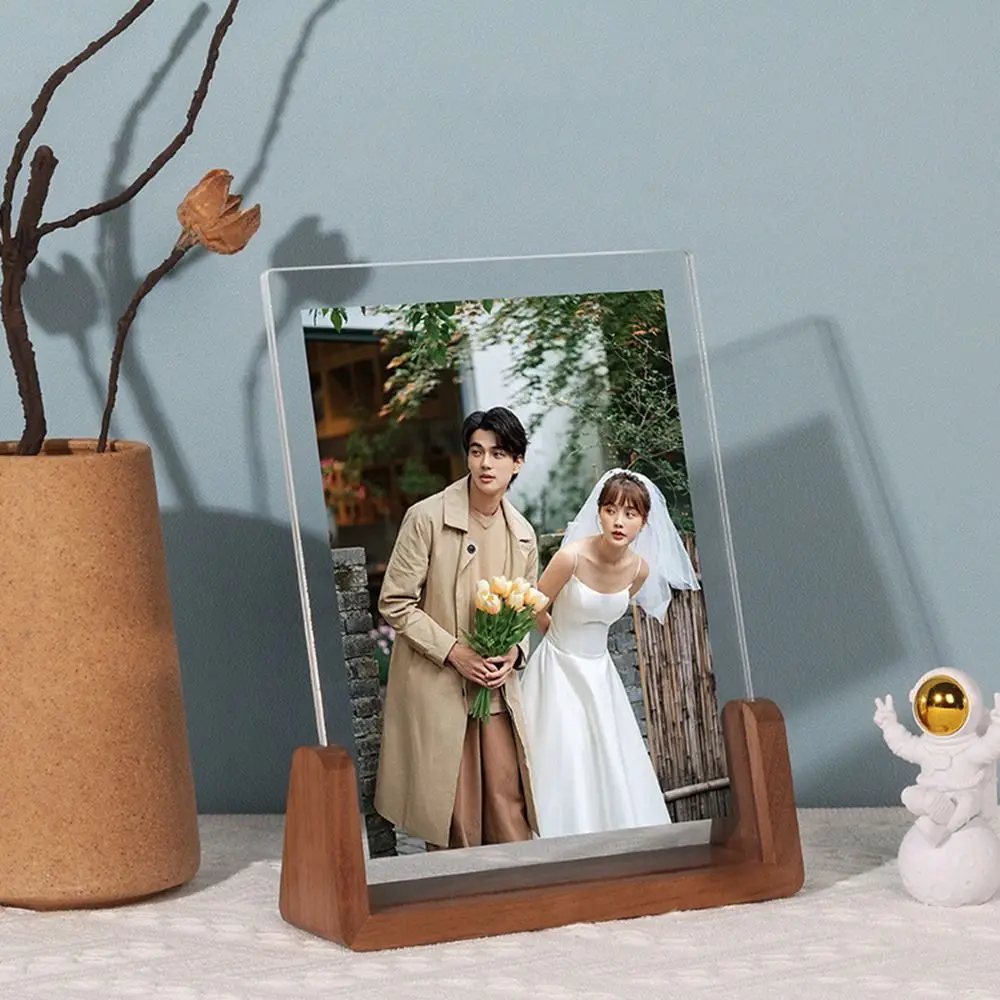 Office Decor Acrylic Photo Frame U Shape Transparent Photo Holder Walnut/Beech Creative Wood Pictures Frame
