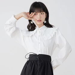 Women Vintage Sweet Korean White Shirts Lace Up Peter Pan Collar Blouses Spring Summer Elegant Office Lady Work Long Sleeve Tops