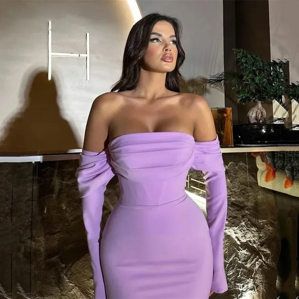 Customized Luxury Purple Mermaid Prom Gowns Off The Shoulder Formal Party Gown Long Sleeves Evening Dress Vestidos De Fiesta