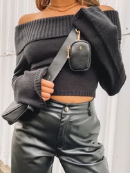 Women Slash Neck Knit Pullovers y2k Off Shoulder Black Long Sleeve Slim Fit Ruched Tight T-Shirt Causal Fall Sweater Streetwear