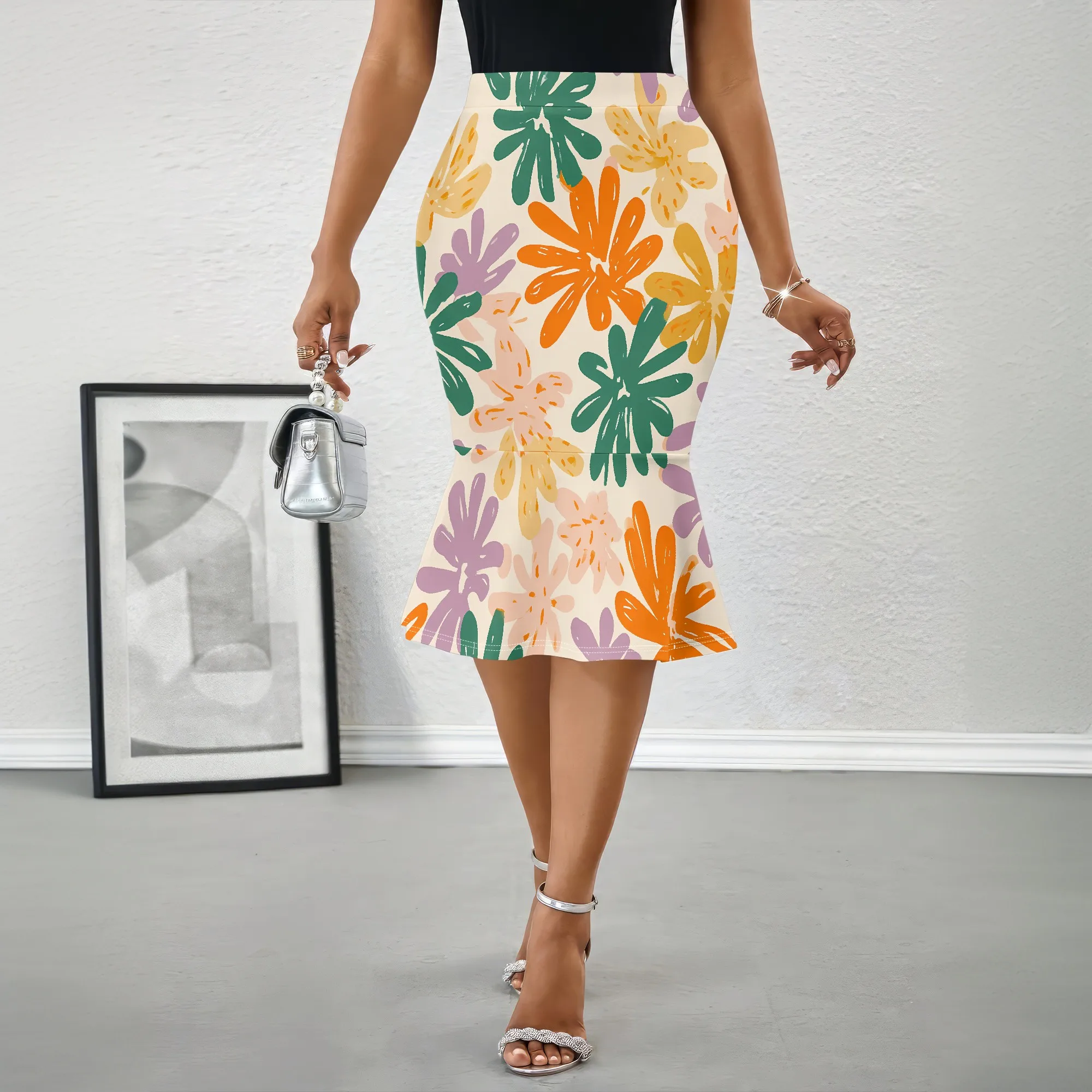 Vibrant Floral Print Pencil Skirt Colorful Flower Pattern Midi Skirt Stretchy Mermaid Hem Skirt for Women Office Party Wear