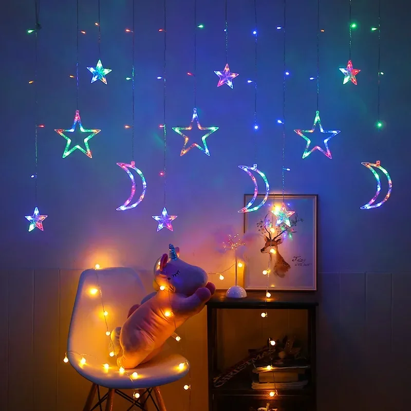 Moon Star Curtain String Lights, 8 modos intermitentes, Ramadan, festa de casamento, Natal, Dia das Bruxas, Jardim, Decoração interior, 11.5FT,