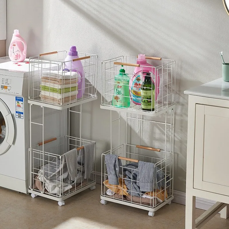 Removable Metal Two-layer Laundry Basket Bathroom Detachable Multi-purpose Shelves
