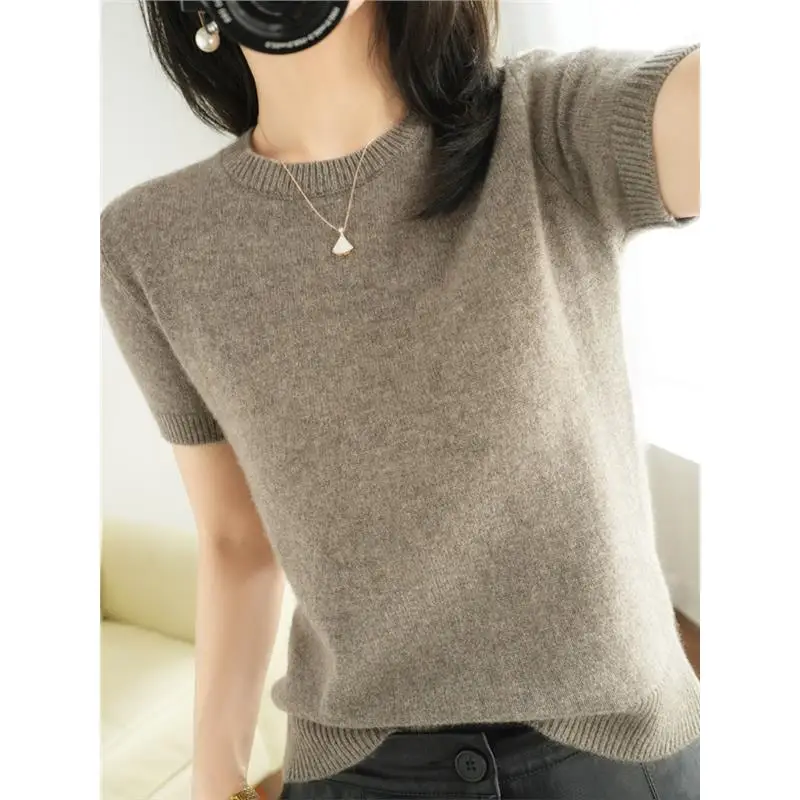 Summer Women's Knitted T-irt Outerwear Wool Camere Loose ort Sve round Ne f Sve New Sle Thin Version
