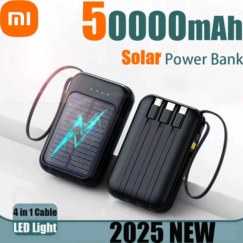 Xiaomi 50000 мАч Solar Power Bank Встроенное 4 кабеля Быстрое зарядное устройство 2 USB-порта Портативное внешнее зарядное устройство Powerbank со светодиодной подсветкой