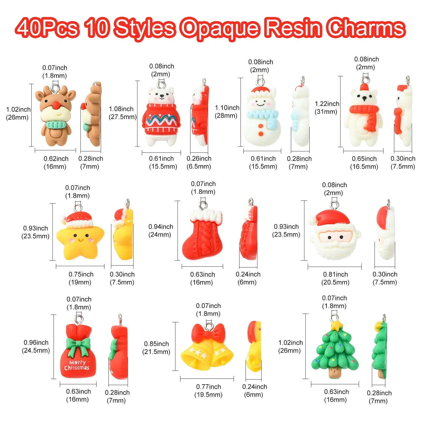 40Pcs 10 Styles Flatback Christmas Charms Opaque Santa Claus Jingle Bell Xmas Tree Charms for Christmas Decor Jewelry Making