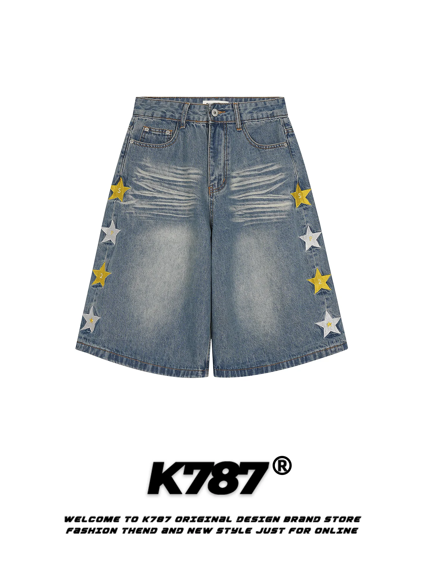 

K787 American Street Style Washed Star Embroidery Jeans Loose Casual Wide Leg Short Pants for Men And Women Casual Straight L...