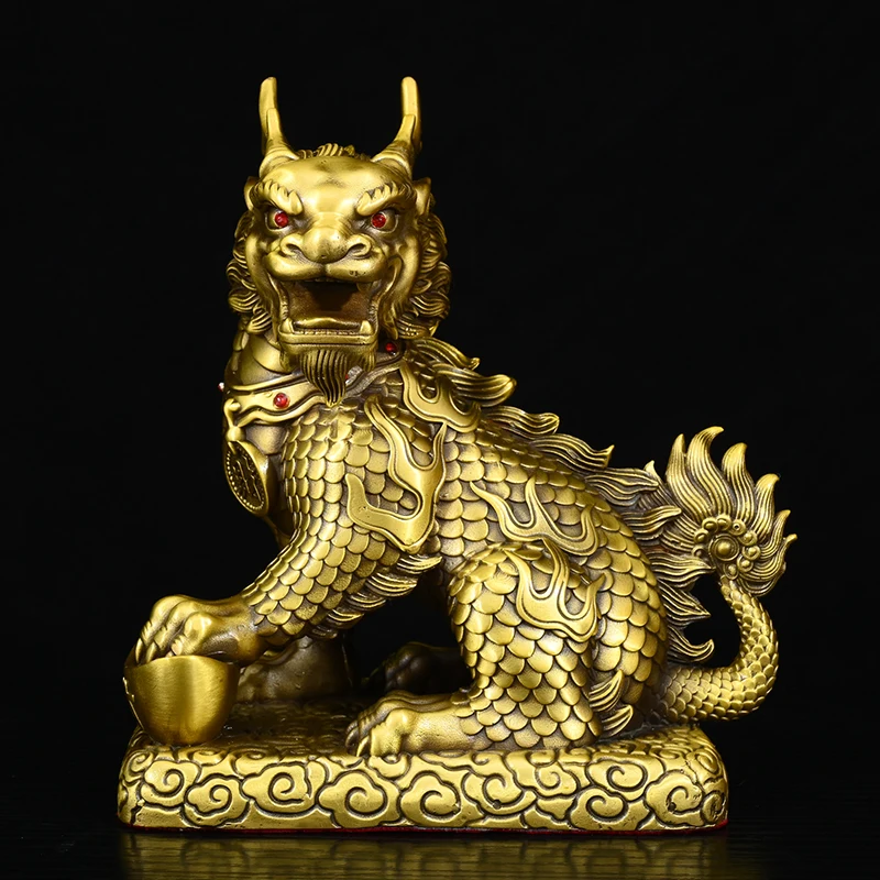 Old Brass Kylin statue Wealth Qilin mythical beast a pair Yuanbao coins base Study screen Amass wealth Ornaments Town house