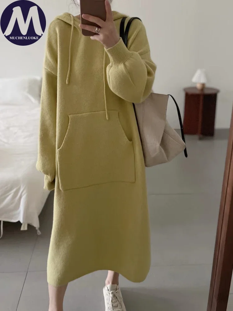 Womens Dresses Autumn/Winter New Lazy Style Knit Hooded Sweaters Dress Fashion Casual Loose Women Mid Length Pullover Dresses