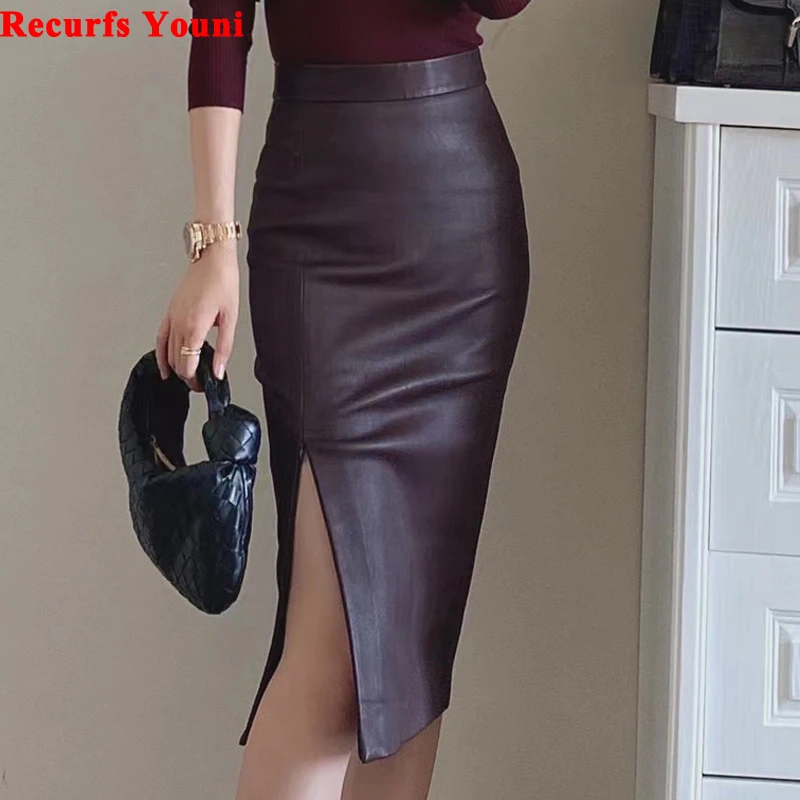 Stretch Leather Tight Skirt for Women 2025 Female Luxury Sheepskin Zipper Slit Slim Fit Wrap Jupe Mujer Pencil Midi Black Skirts