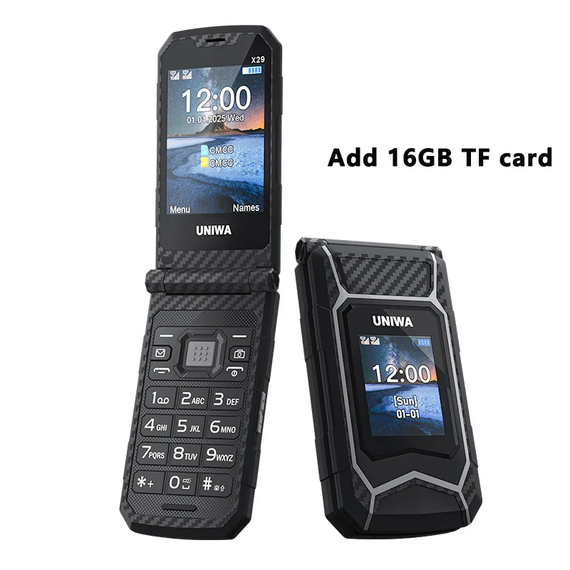 UNIWA X29 – telefon komórkowy z obudową typu „flip”, dużymi przyciskami, podwójną kartą SIM, obsługą MP3 i MP4, Bluetooth 2.1 oraz rosyjską klawiaturą, przeznaczony dla osób starszych. — zdjęcie produktu 10