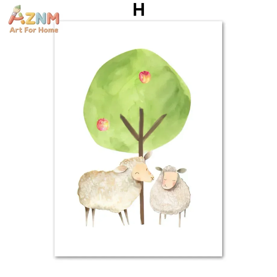 AZNM Watercolor Farm Animal Canvas Wall Art Cow Sheep Pig Chicken Tractor Barn Cute Cartoon Illustration Soft Pastel Print Kids