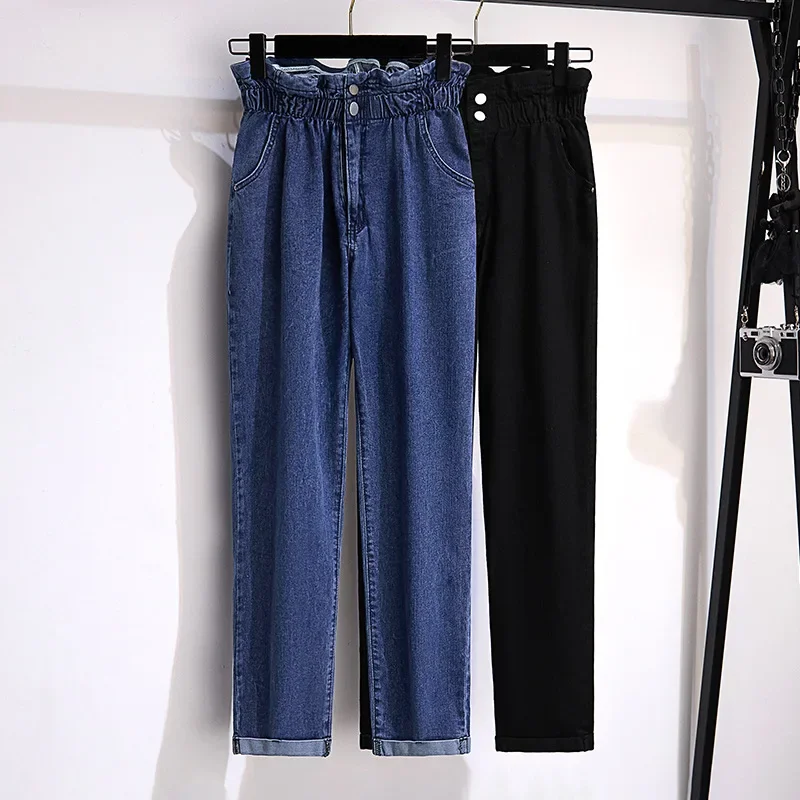 

100/150kg Big Size Women Clothing Oversize Women Denim Pants High Waiste Casual Slimming Loose Fitting Jeans Closed Up Dad Pants