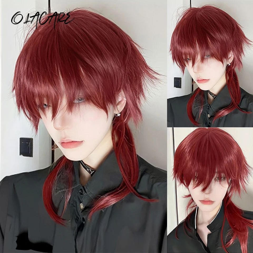 OLACARE Black Wine Red Mullet Head Wigs with Bangs Long Synthetic Straight Men Women Anime Cosplay Hair Wig for Daily Party