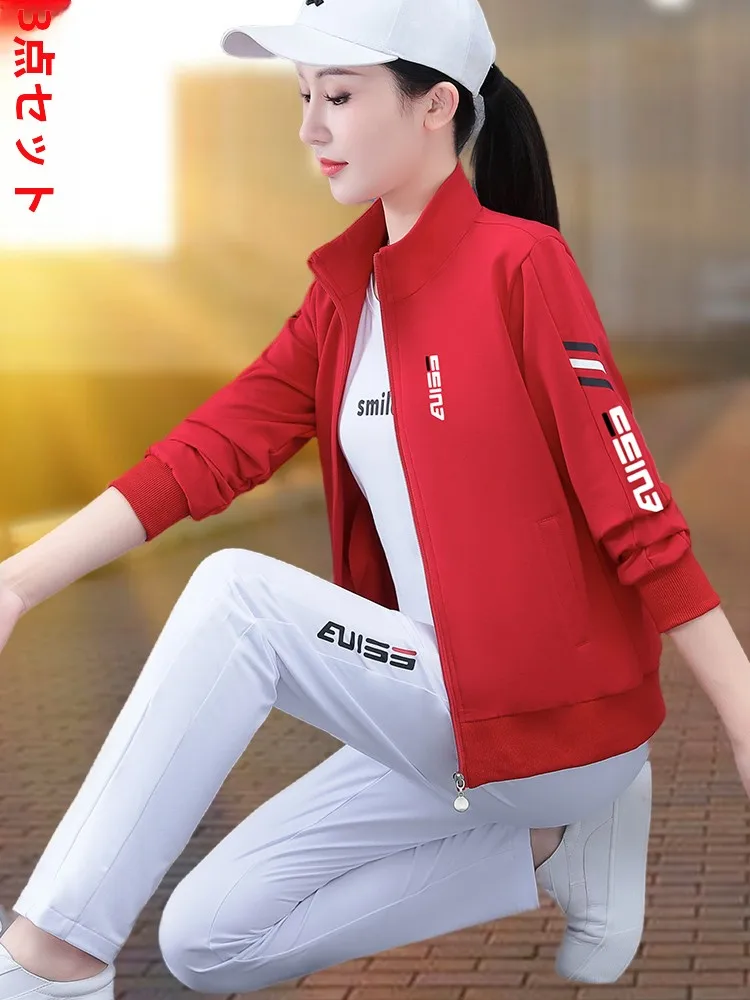 Loose Casual Fitness Running Suit Set for Men And Women Spring Autumn Square Dance Sportswear Three Piece Set Cotton Material