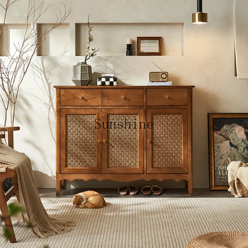 

Japanese rattan solid wood dining side cabinet living room log wind storage shoe cabinet