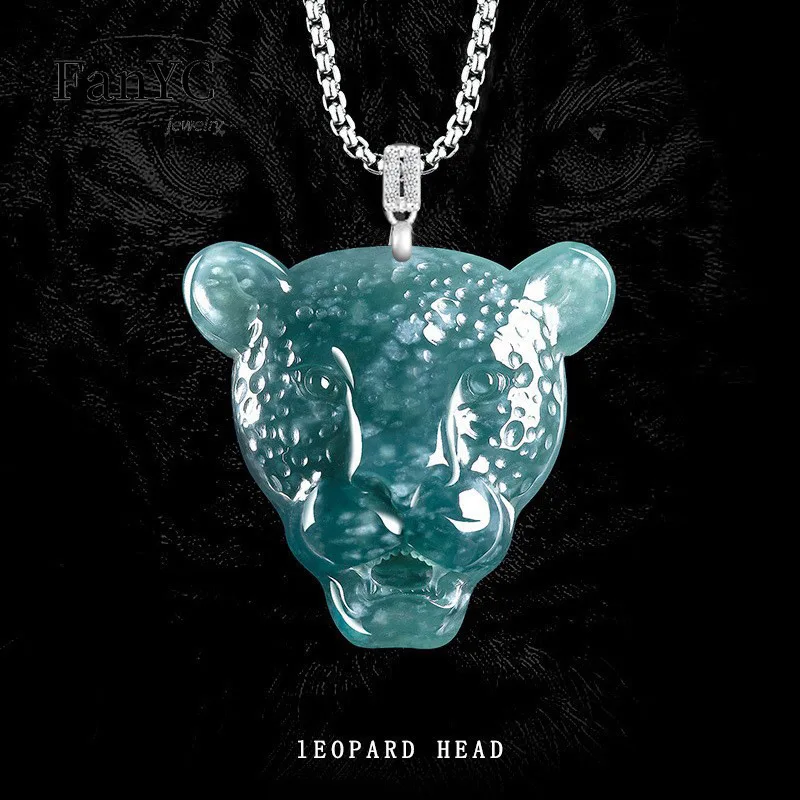 Natural Grade A Jadeite Blue Water Leopard-Print Pendant Fashionable Hip-Hop Ice-Type Jade Necklace Unisex Holiday Gift